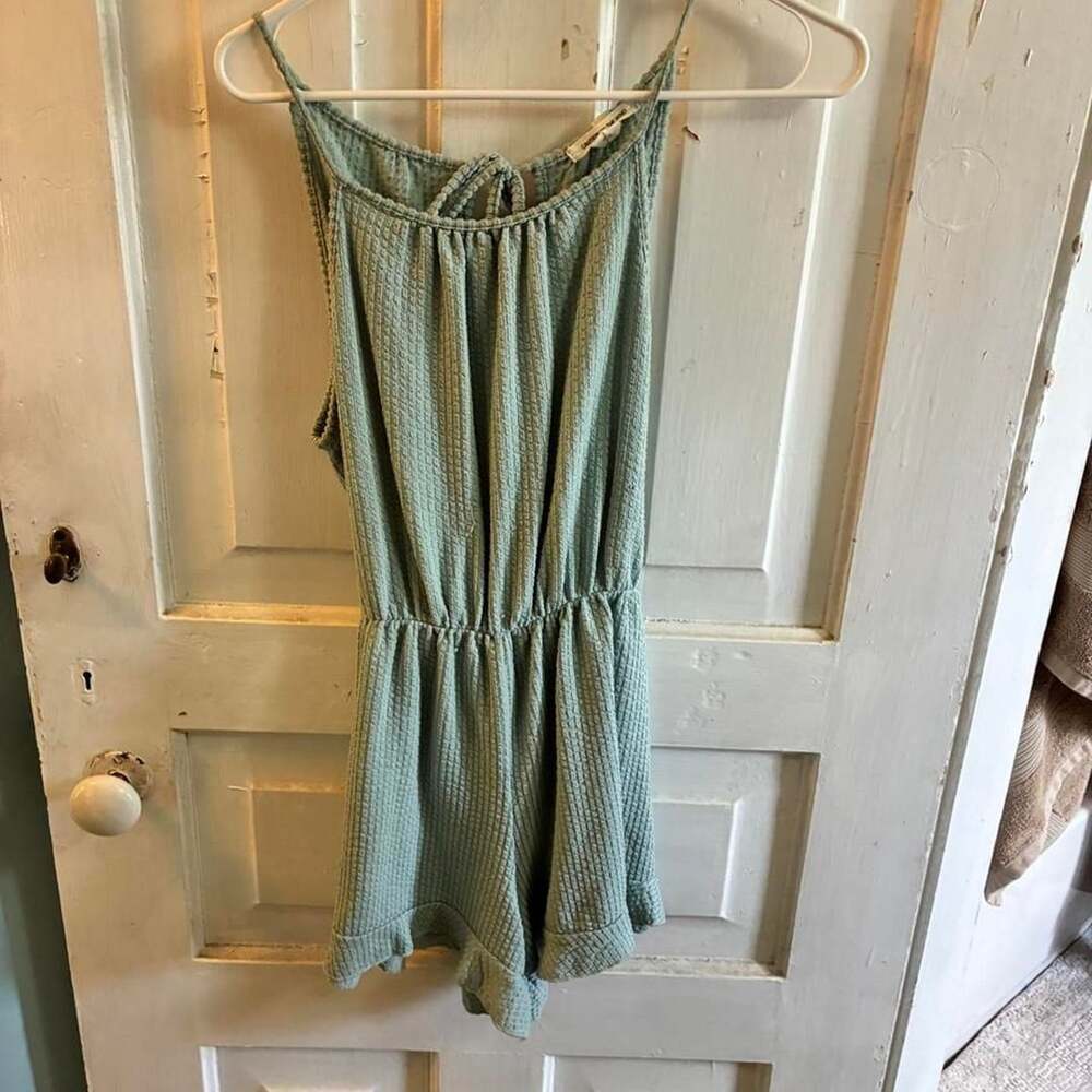 Caution To The Wind Sage Green Waffle Knit Romper Medium